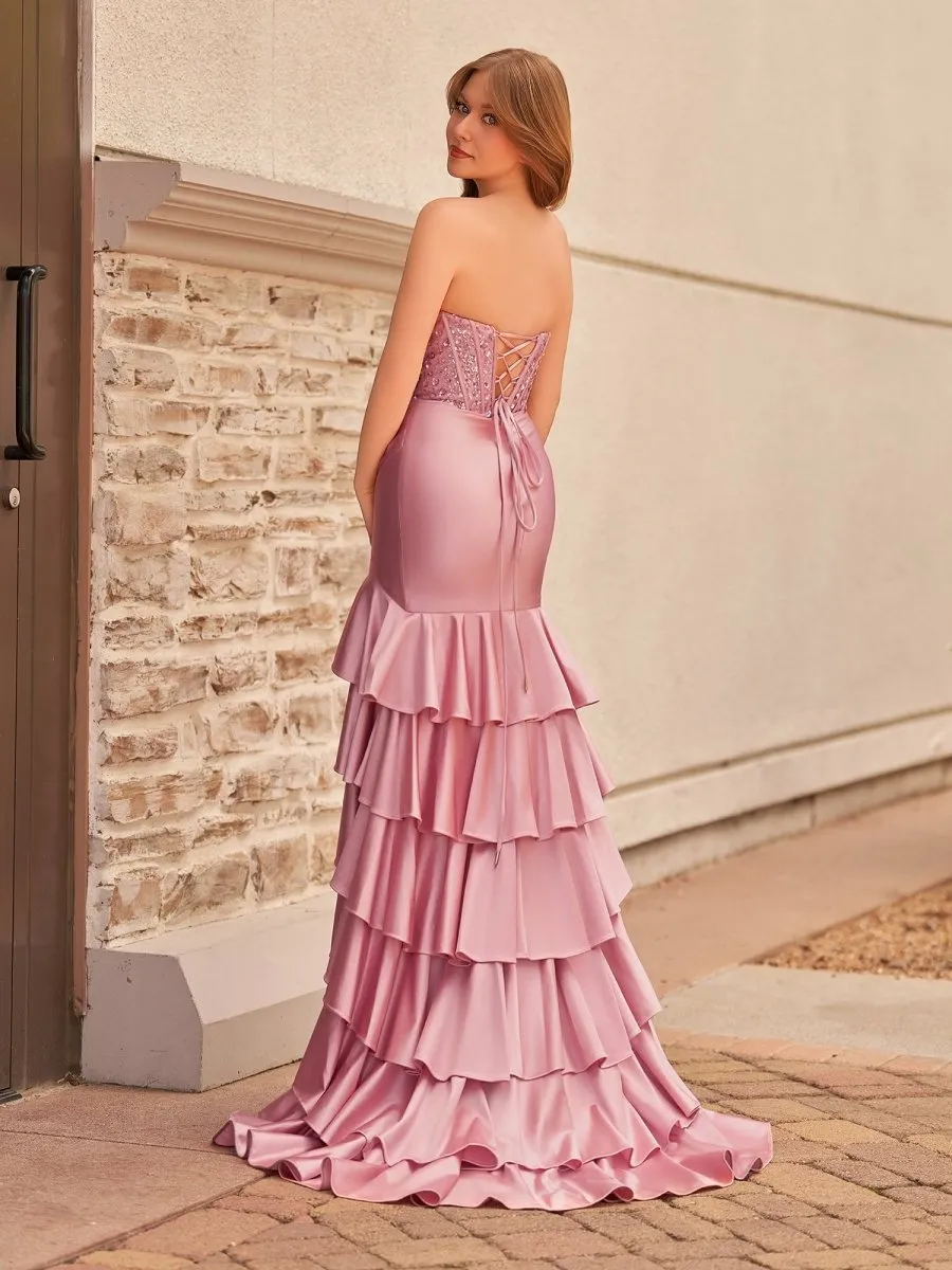 Charming Mermaid Strapless Satin Long Prom Dresses with Appliques