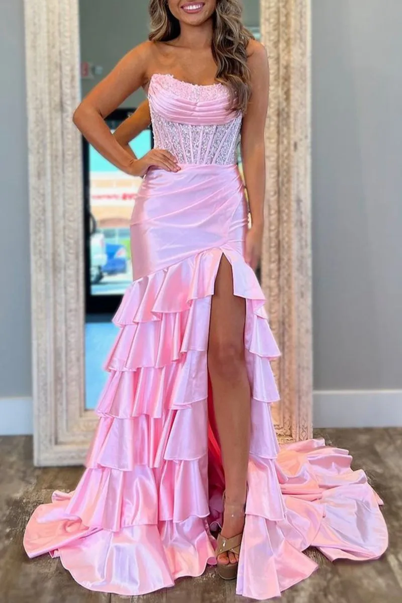 Charming Mermaid Strapless Satin Long Prom Dresses with Appliques