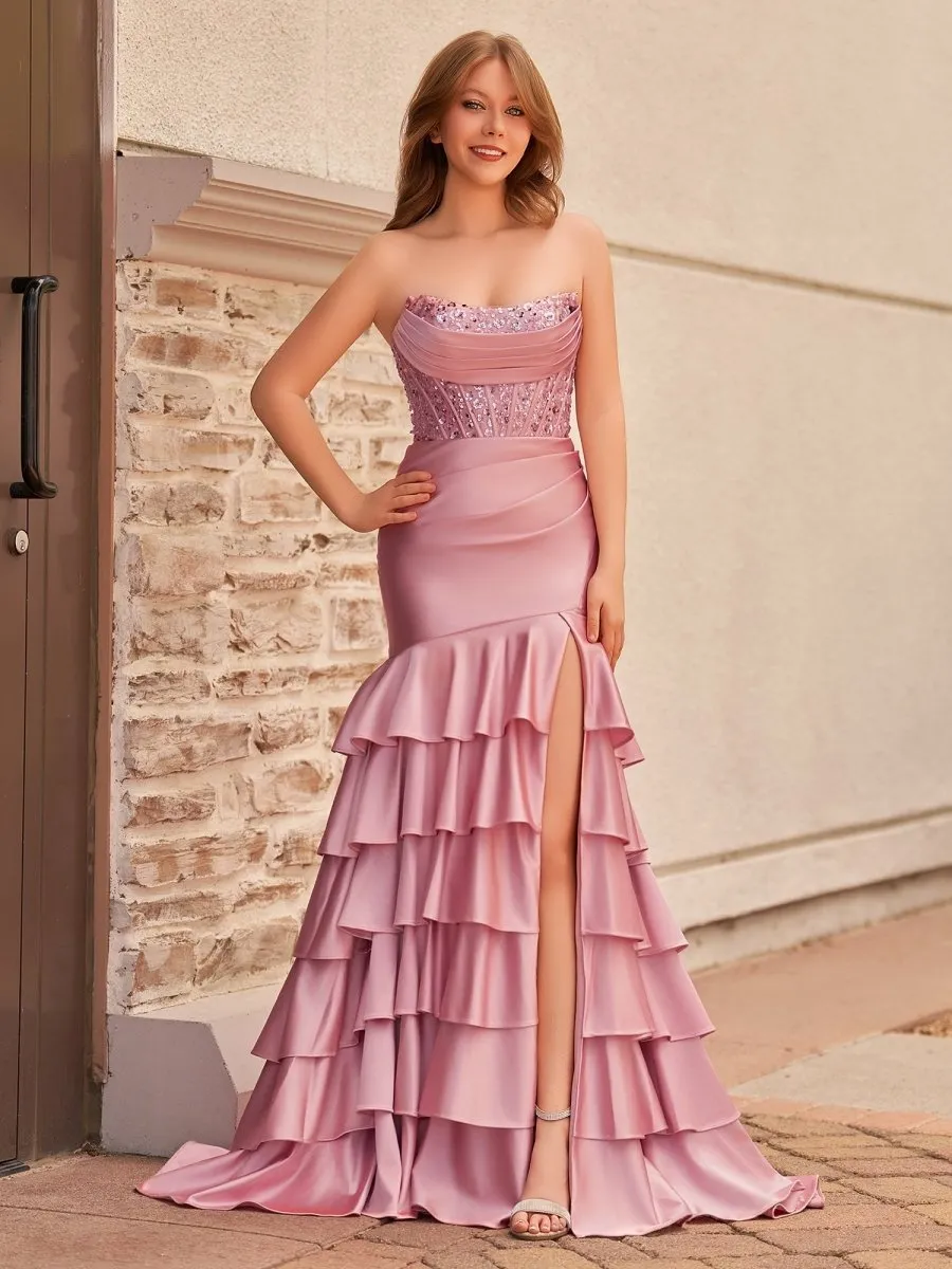 Charming Mermaid Strapless Satin Long Prom Dresses with Appliques