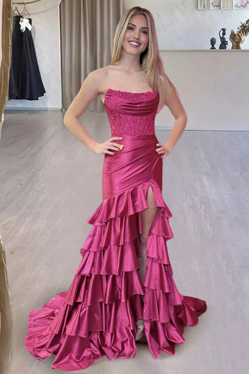 Charming Mermaid Strapless Satin Long Prom Dresses with Appliques