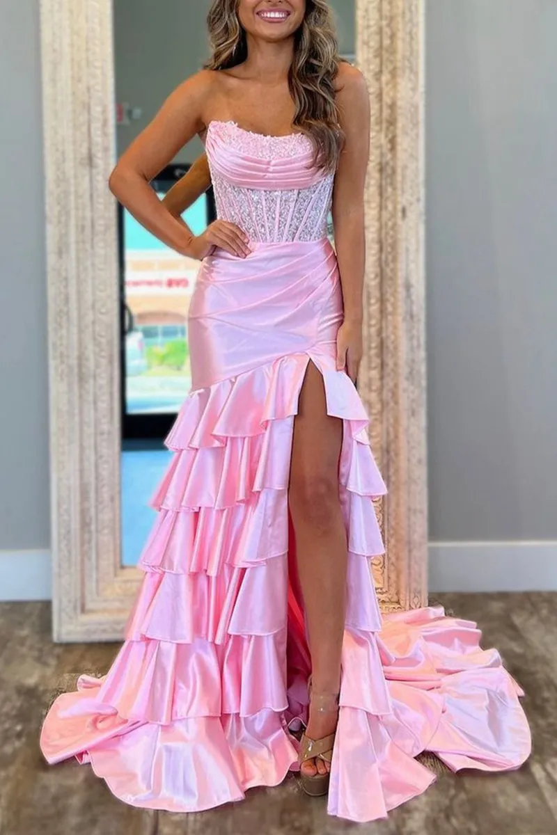 Charming Mermaid Strapless Satin Long Prom Dresses with Appliques