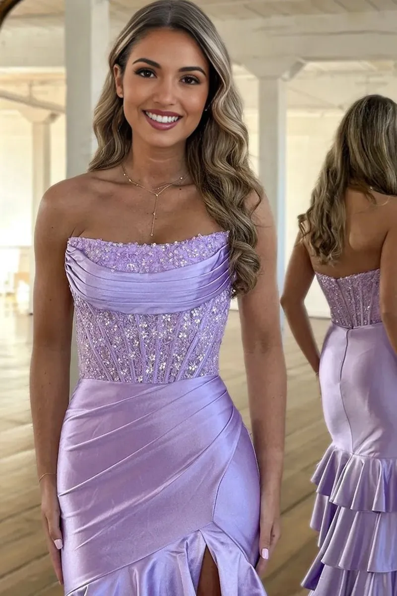 Charming Mermaid Strapless Satin Long Prom Dresses with Appliques