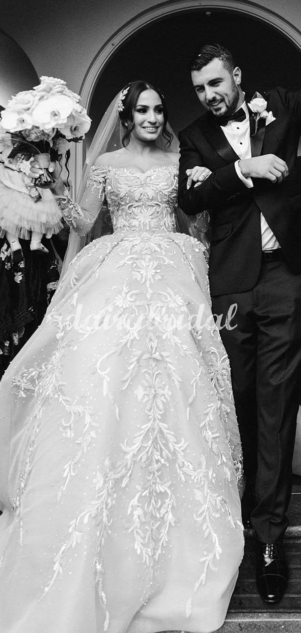 Charming Off Shoulder Lace A-line Backless Beaded Wedding Dress, FC5063