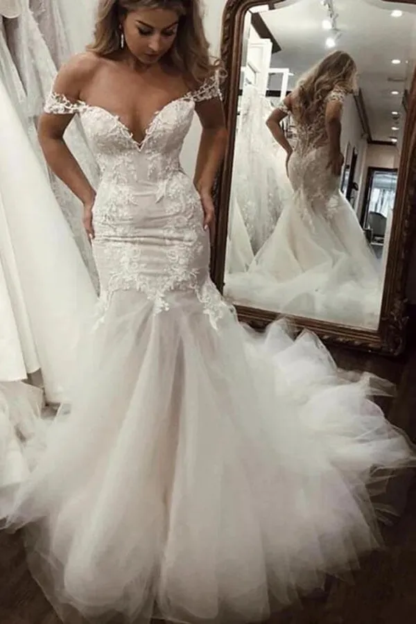 Cheap Off the Shoulder Mermaid Wedding Dresses Vintage Lace Bridal Gown,MW492