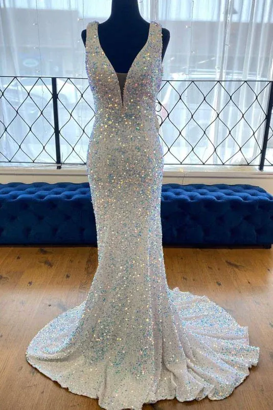 Cheap White Sequin Iridescent Prom Dresses 2024 V Neck Sleeveless UK Formal Dress