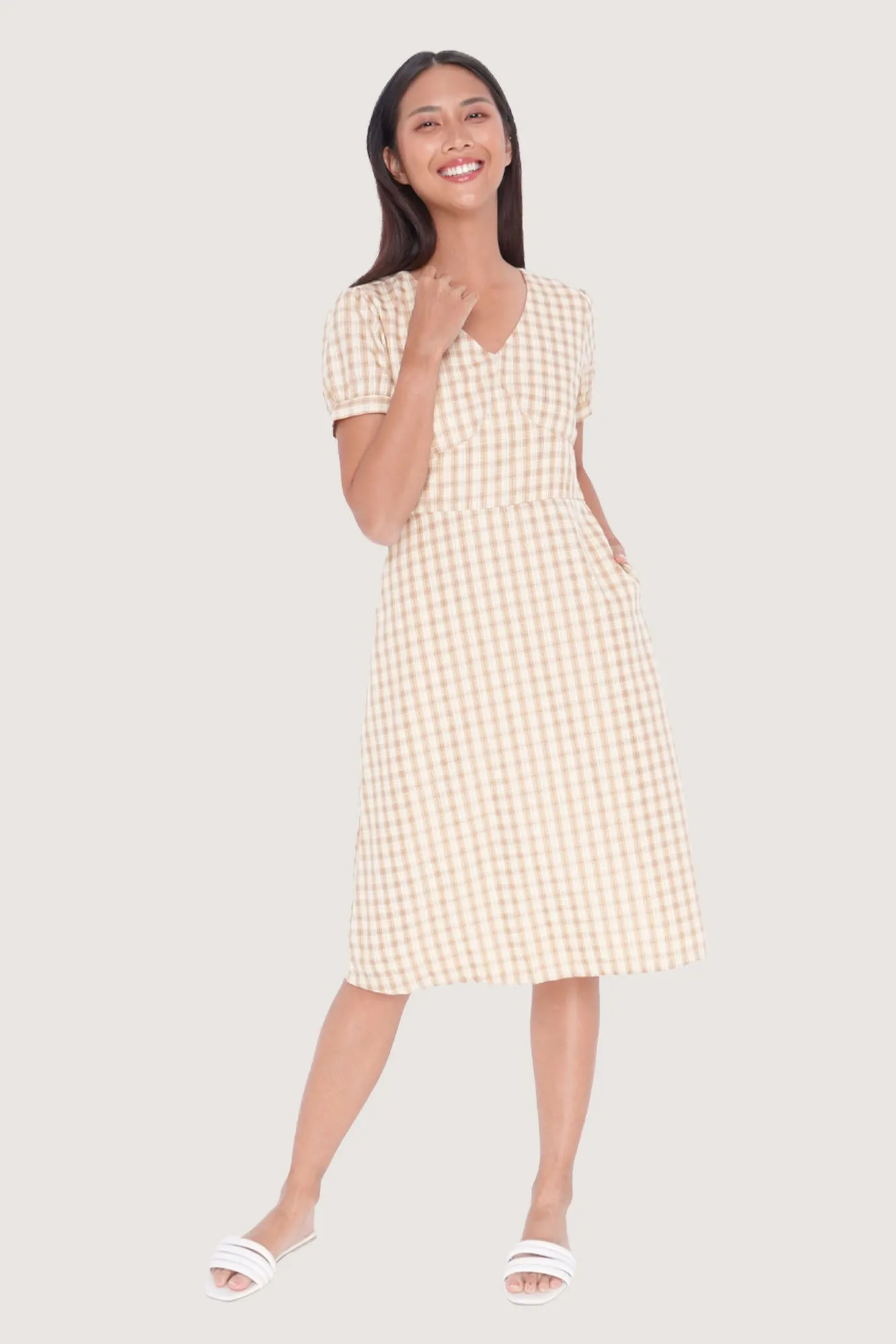 Checkered V-Neck Fit And Flare Dress
