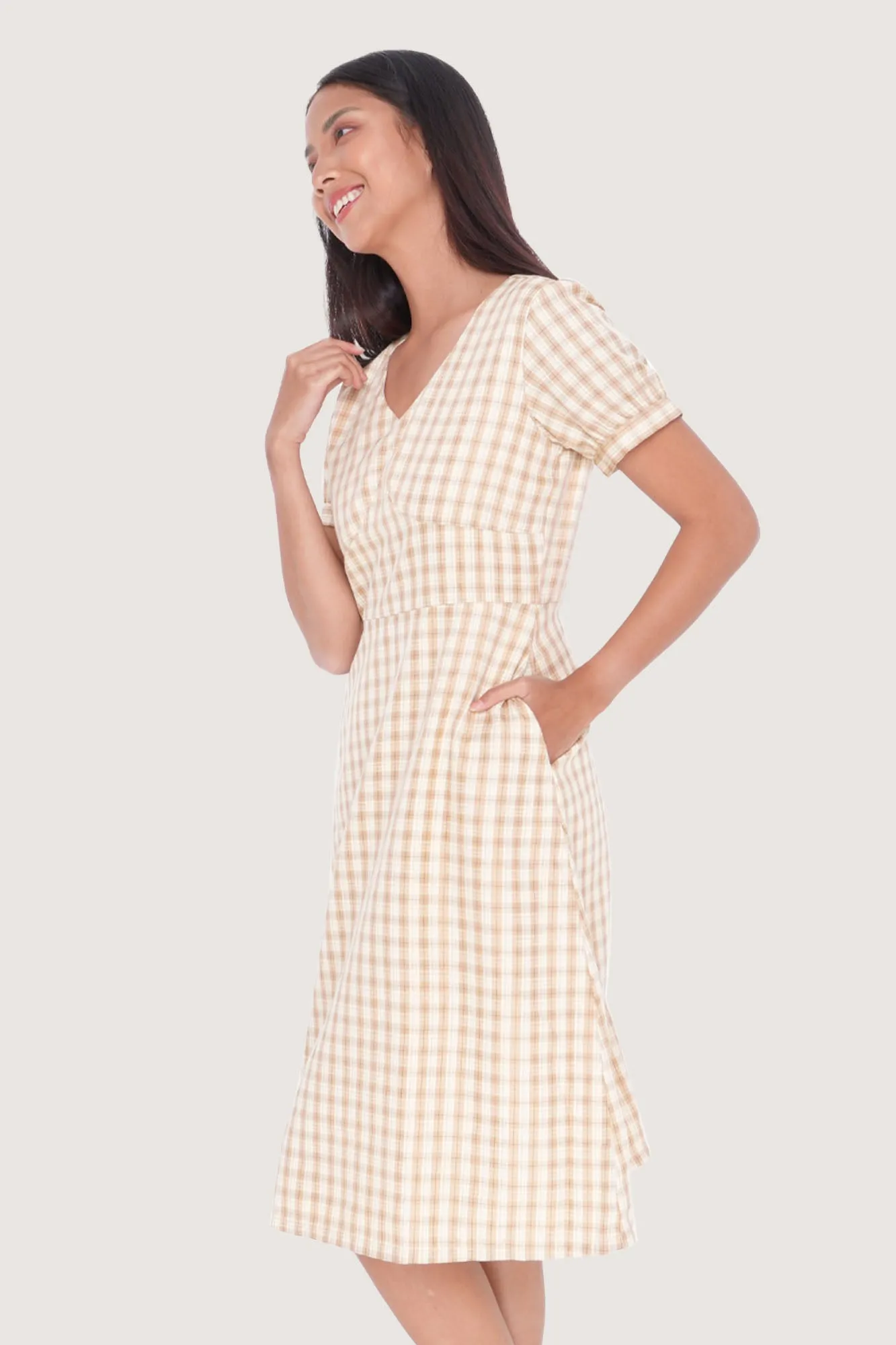 Checkered V-Neck Fit And Flare Dress