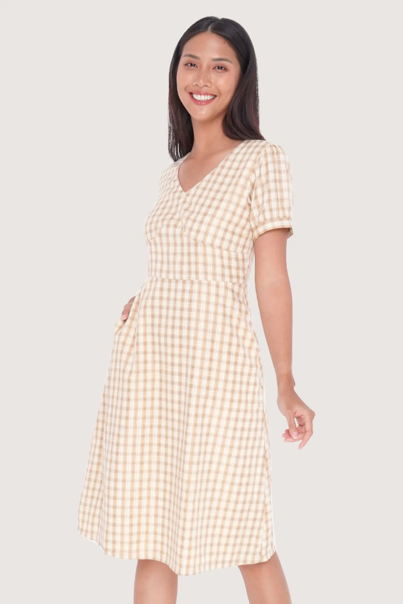 Checkered V-Neck Fit And Flare Dress
