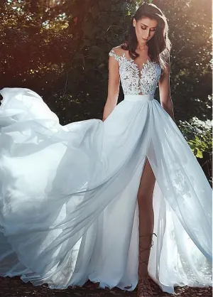 chiffon beach wedding dresses for bride 2021 Lace Applique elegant cheap wedding gown 2020
