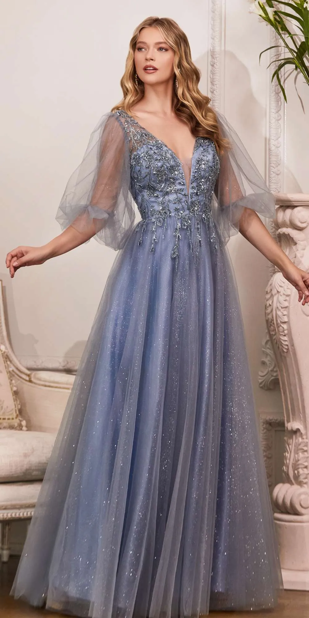 Cinderella Divine CD0182 Glitter Tulle A-Line Formal Dress