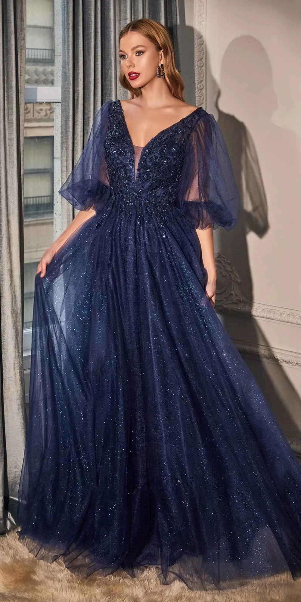 Cinderella Divine CD0182 Glitter Tulle A-Line Formal Dress