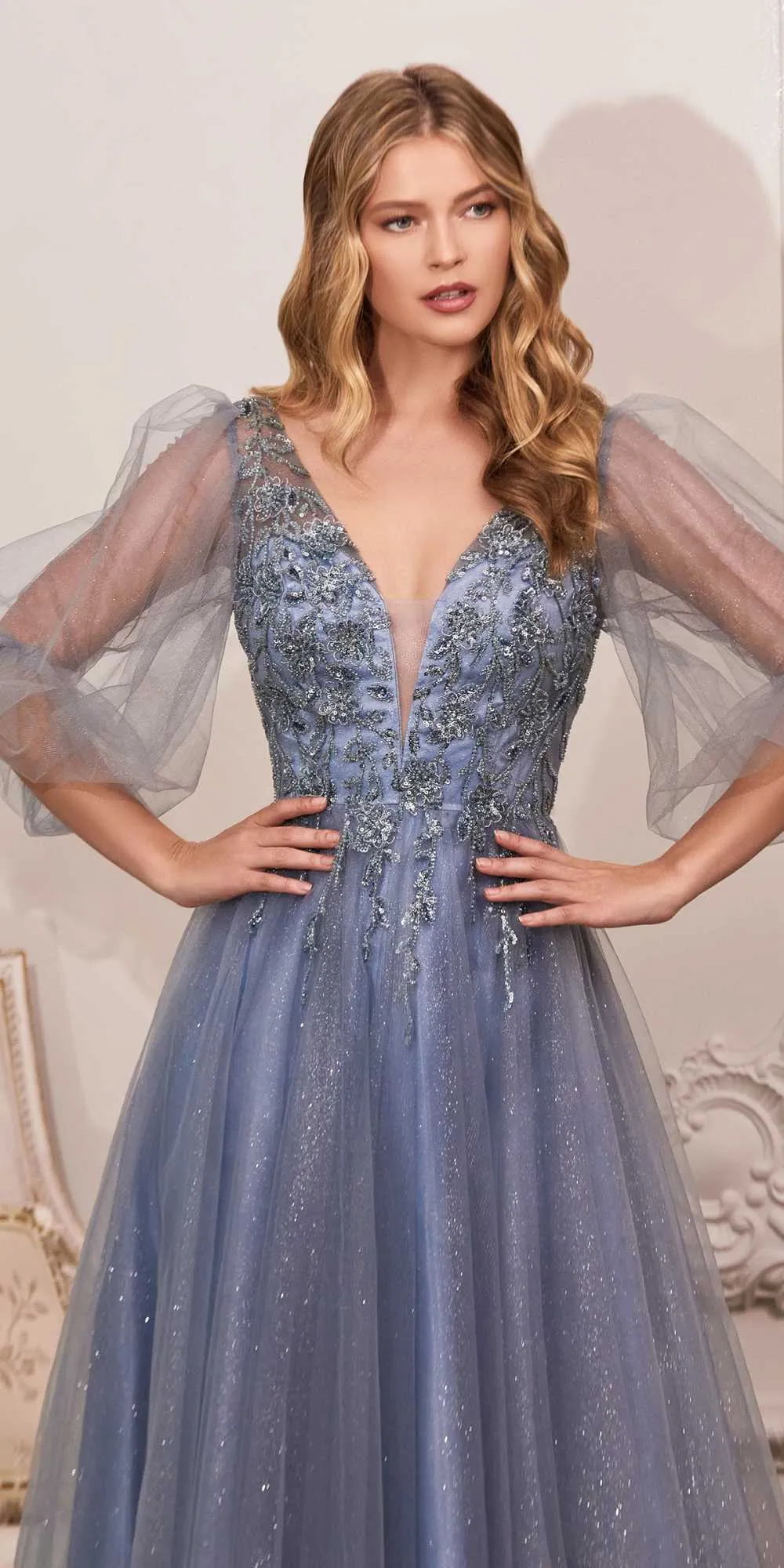 Cinderella Divine CD0182 Glitter Tulle A-Line Formal Dress