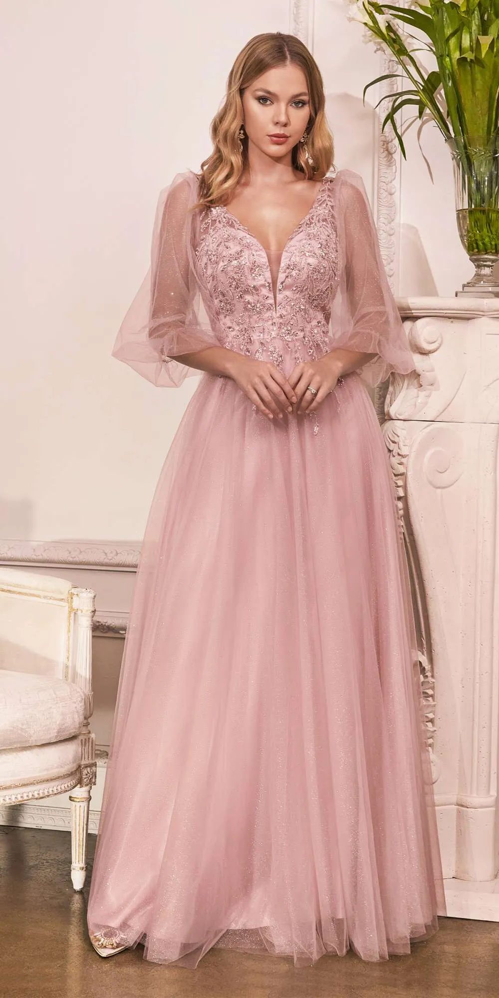 Cinderella Divine CD0182 Glitter Tulle A-Line Formal Dress