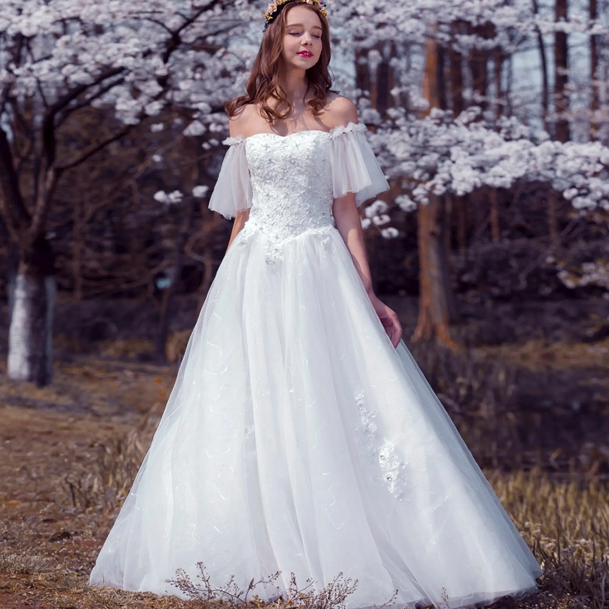 Classic A-line Off the Shoulder Wedding Dress with Beading