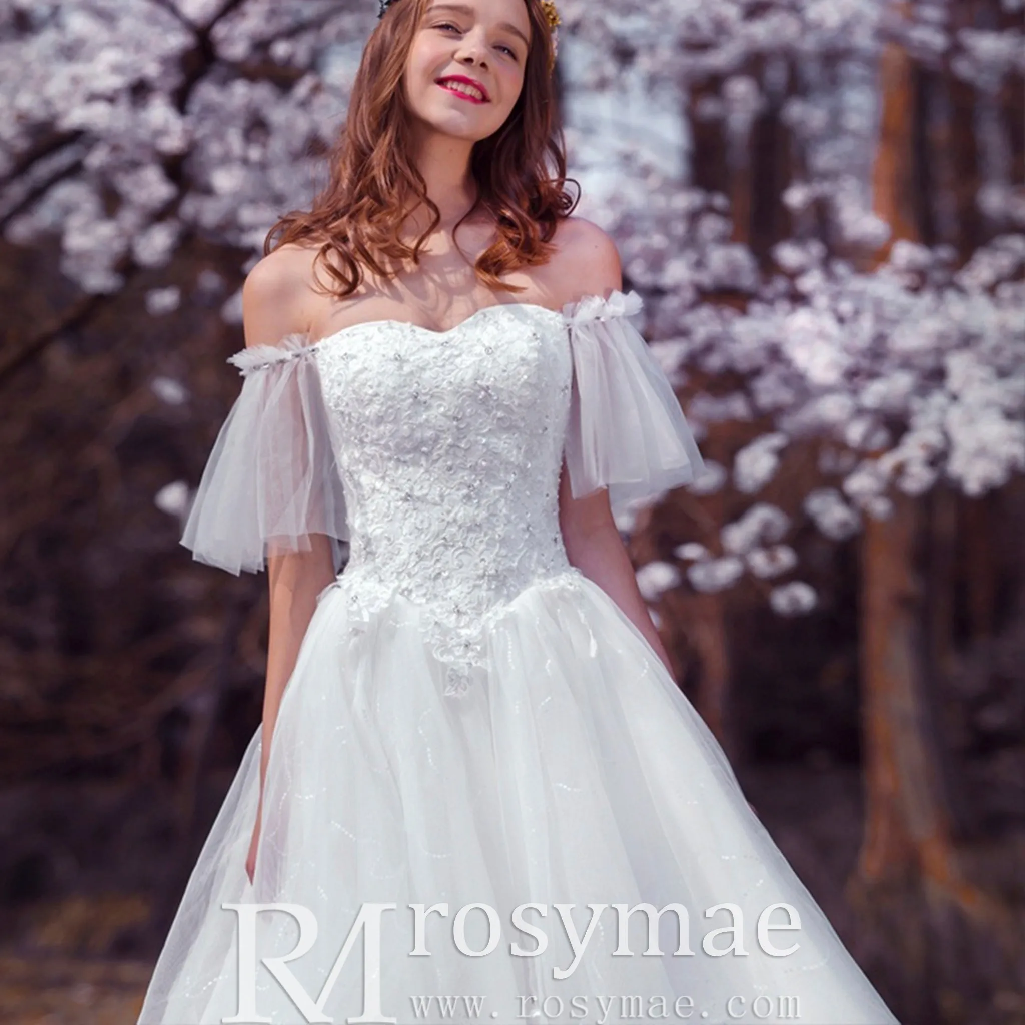 Classic A-line Off the Shoulder Wedding Dress with Beading