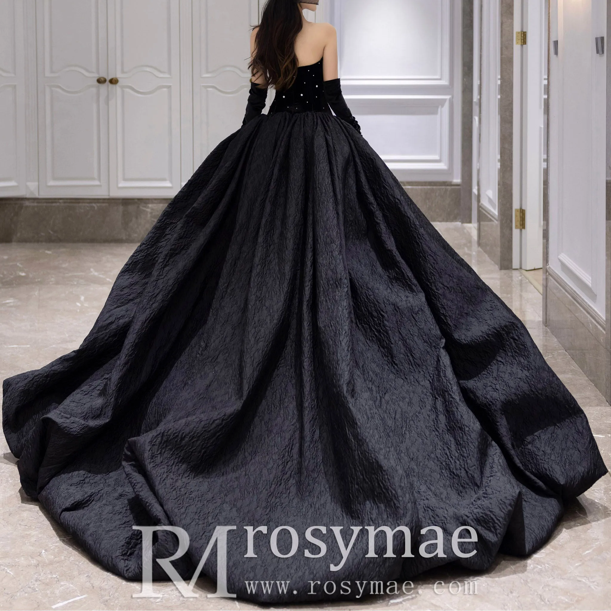 Classic Ballgown Wedding Dress with Scoop Neckline and Black