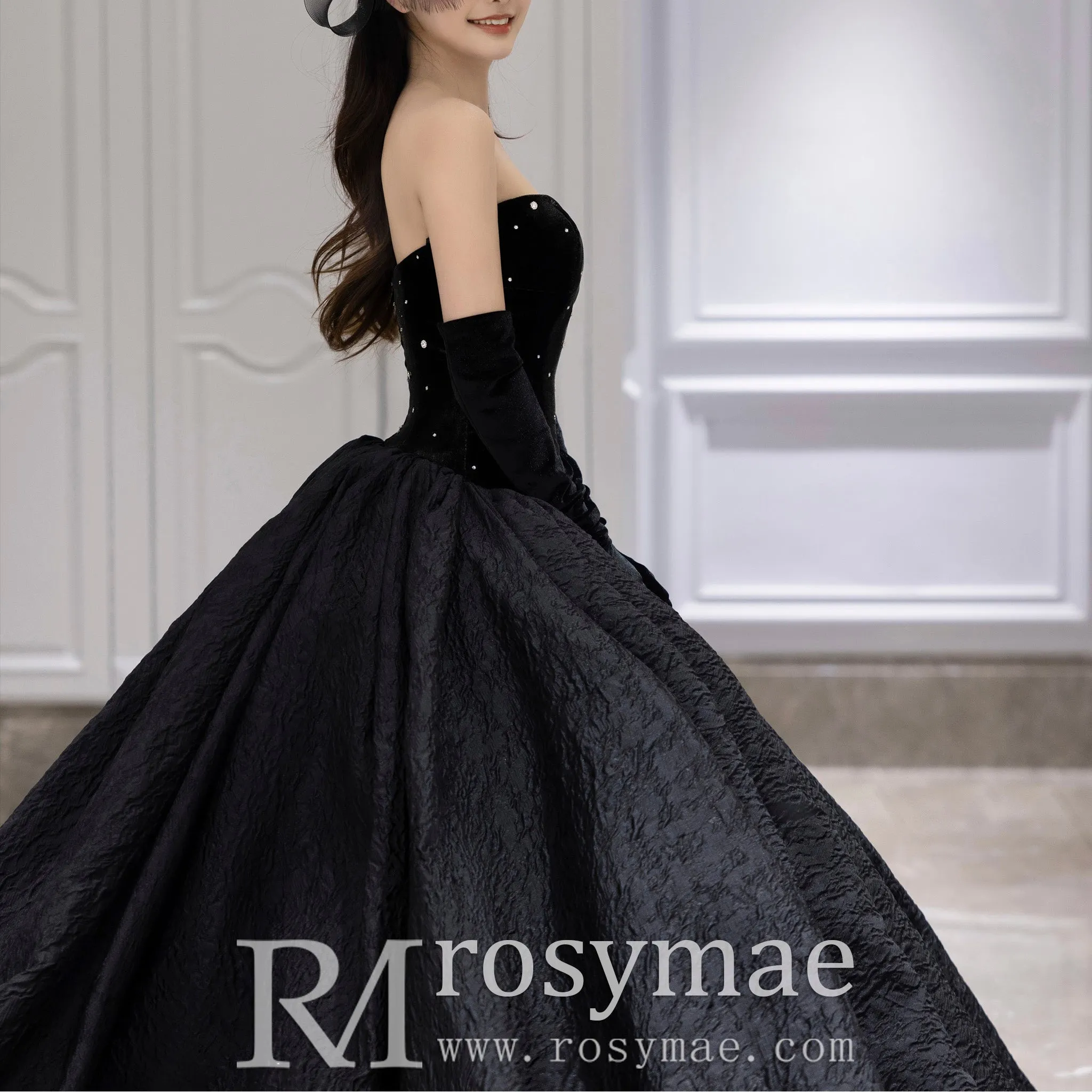 Classic Ballgown Wedding Dress with Scoop Neckline and Black