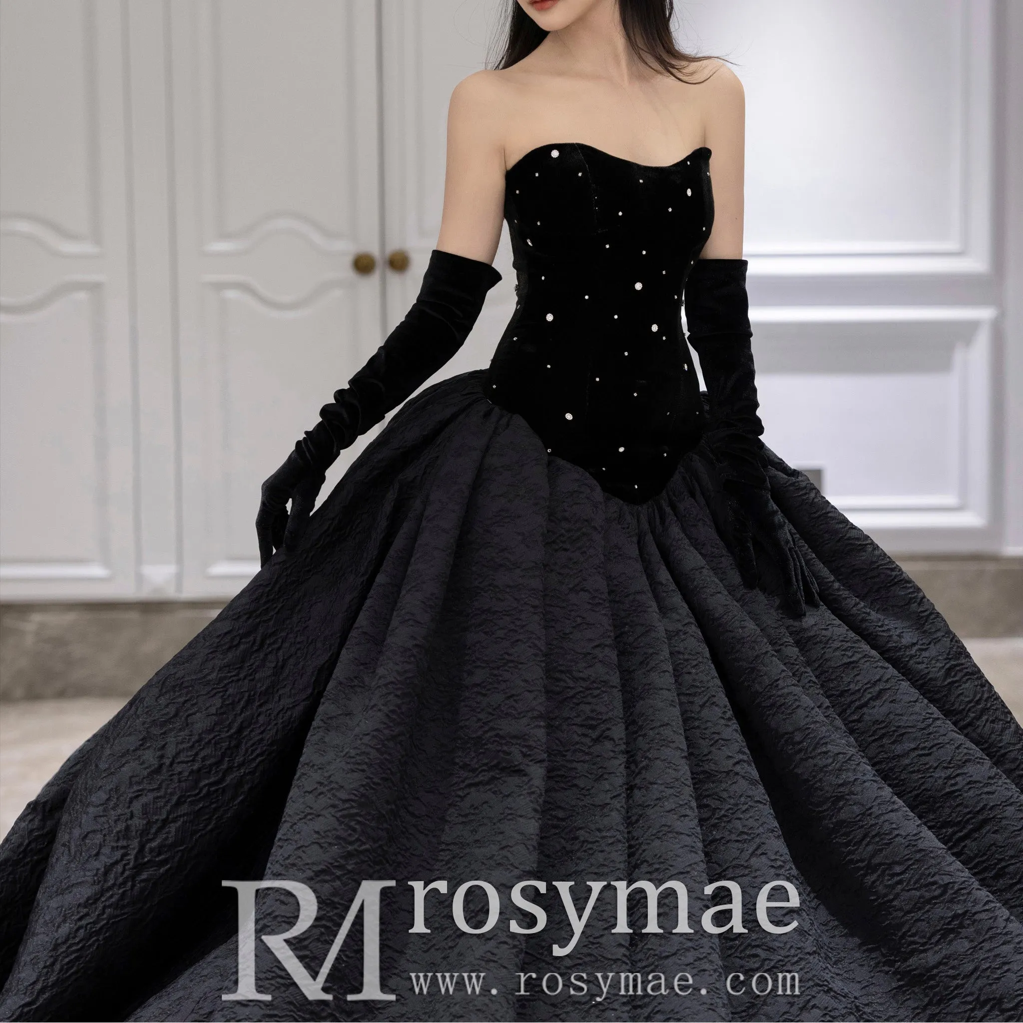 Classic Ballgown Wedding Dress with Scoop Neckline and Black
