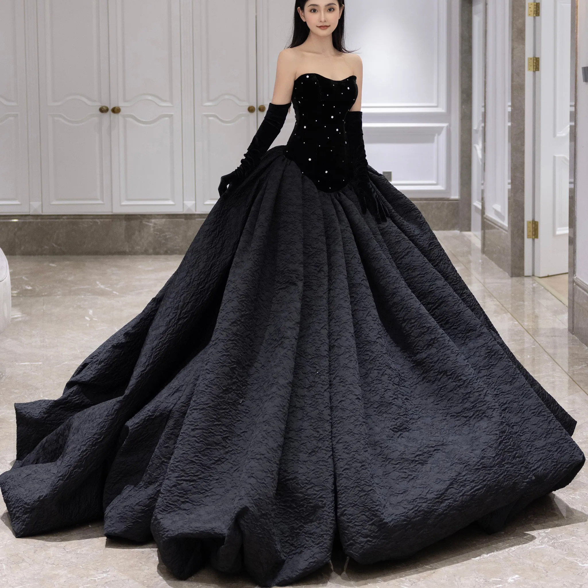 Classic Ballgown Wedding Dress with Scoop Neckline and Black
