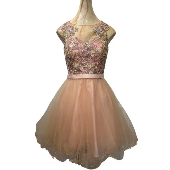 Cocktail Dress Floral Lace Tulle Party Homecoming Dress Peach Pink Size 10