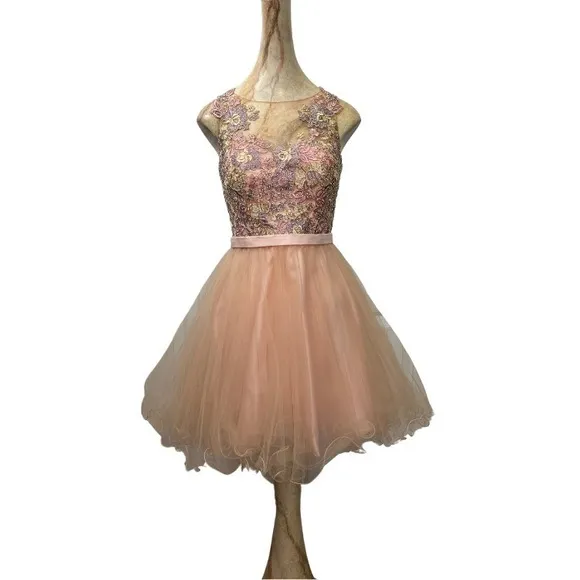 Cocktail Dress Floral Lace Tulle Party Homecoming Dress Peach Pink Size 10
