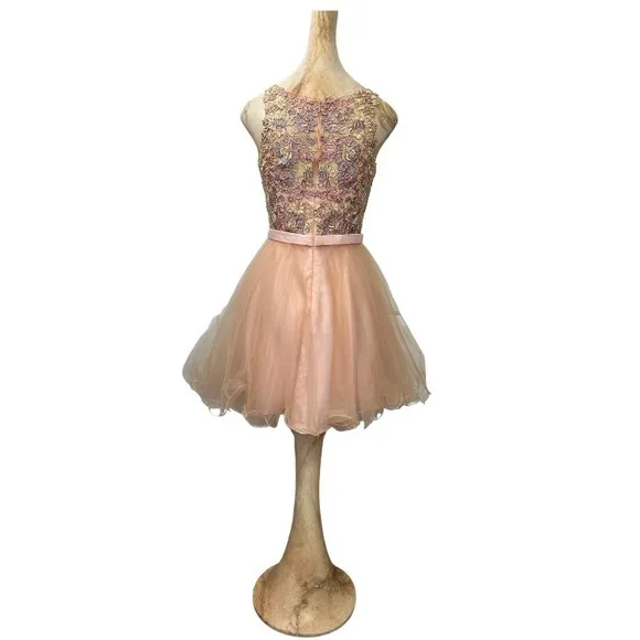 Cocktail Dress Floral Lace Tulle Party Homecoming Dress Peach Pink Size 10