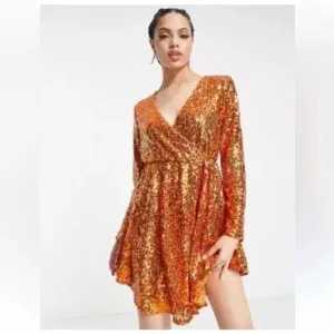 Collective the Label Sequin Wrap Mini Dress Women Size 8 Orange Asymmetrical