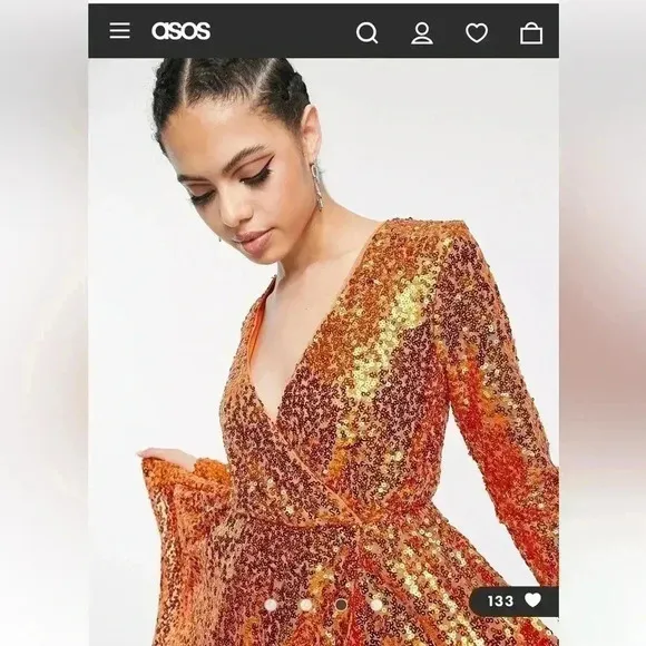 Collective the Label Sequin Wrap Mini Dress Women Size 8 Orange Asymmetrical