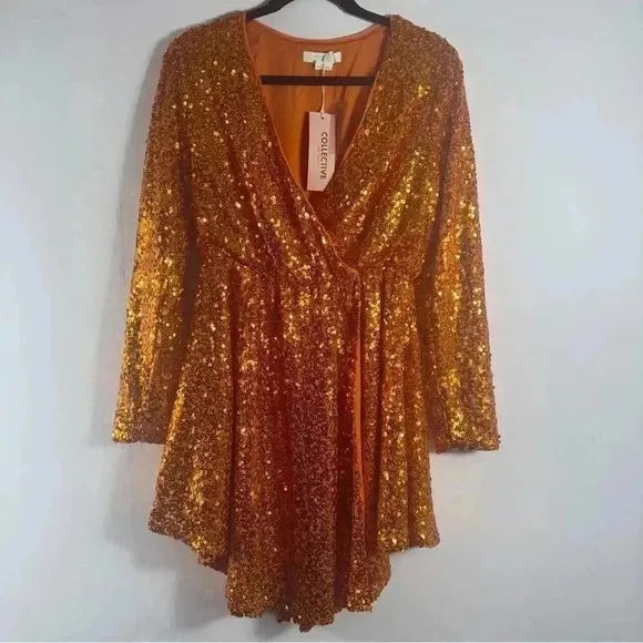 Collective the Label Sequin Wrap Mini Dress Women Size 8 Orange Asymmetrical