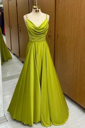 Cowl Neck Chain Strap A-line Long Prom Dresses