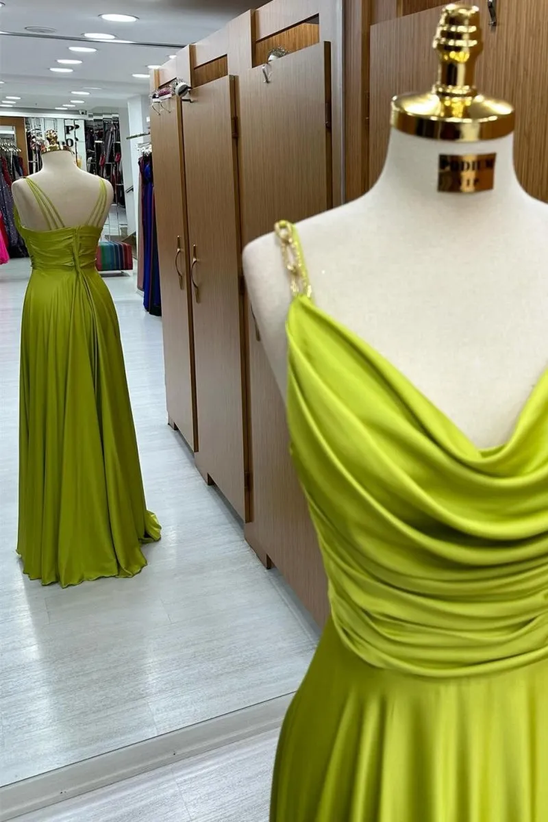 Cowl Neck Chain Strap A-line Long Prom Dresses