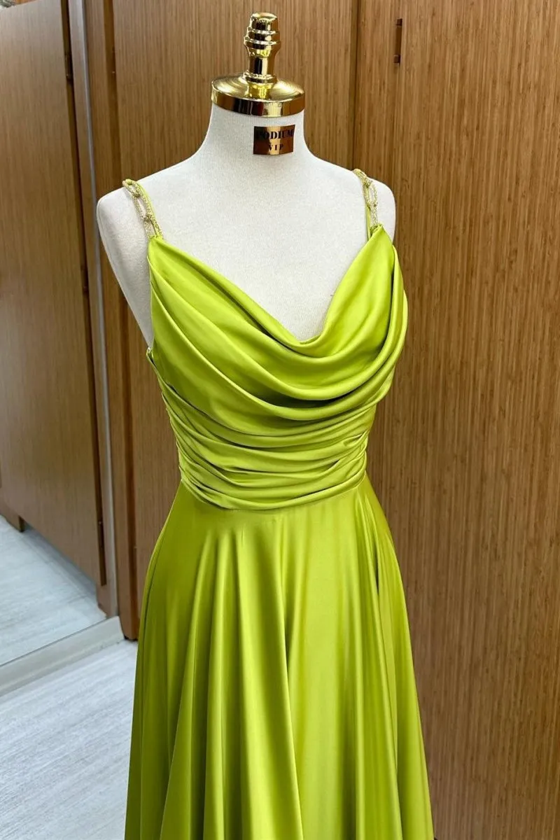 Cowl Neck Chain Strap A-line Long Prom Dresses
