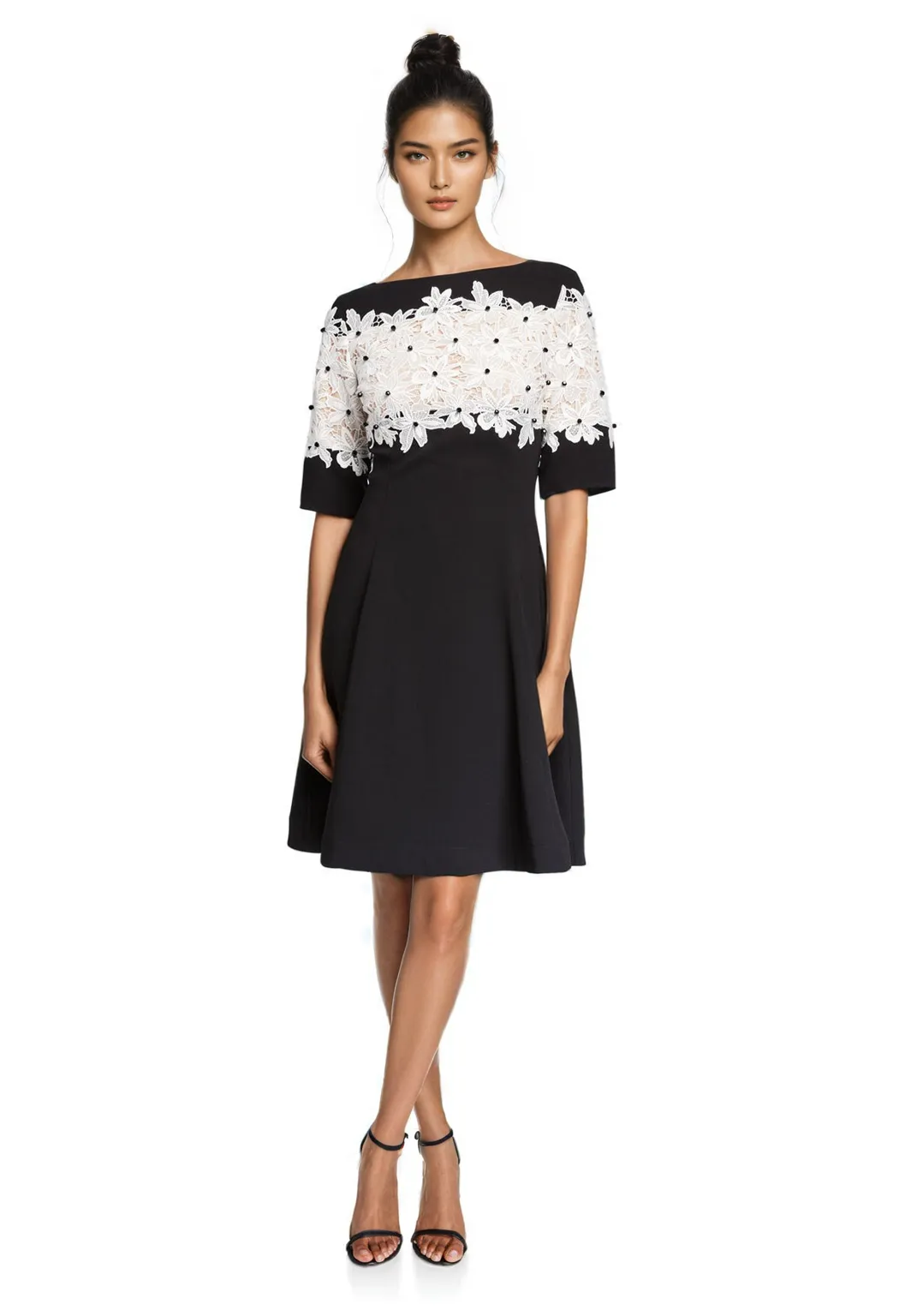 Crepe Dress with Floral Lace Bodice