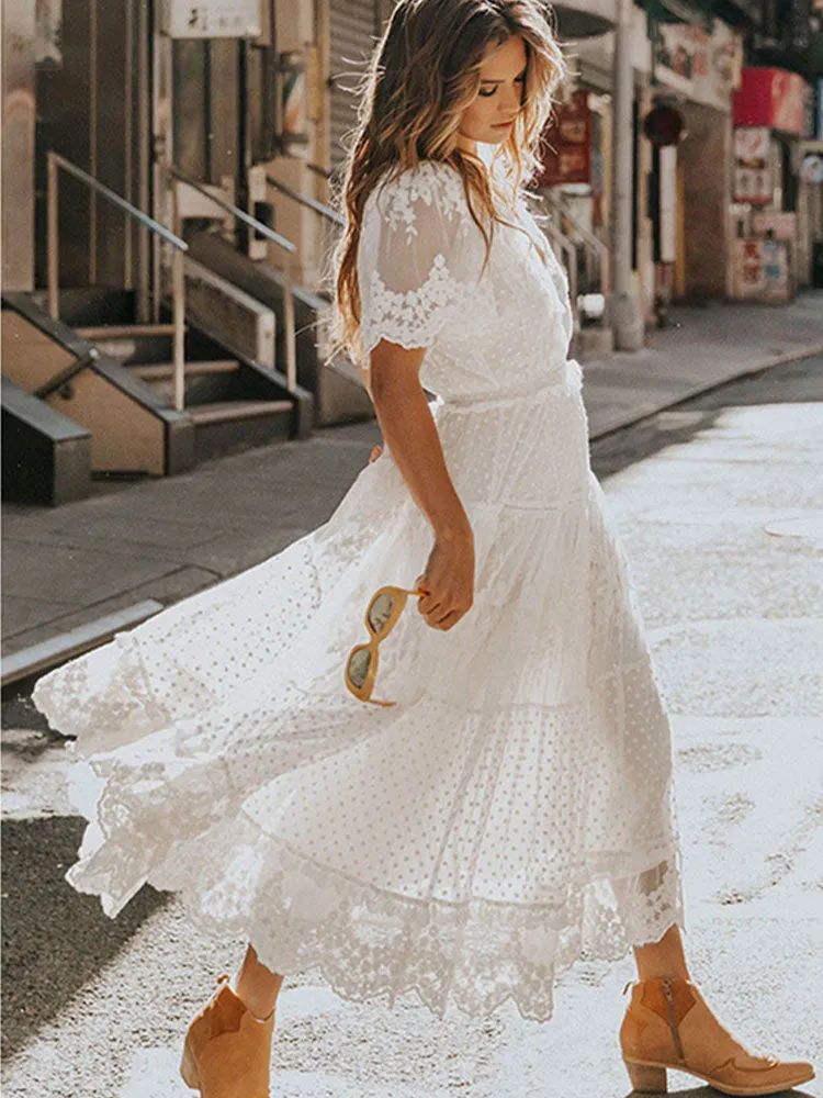 Cross Semi-Sheer Lace Maxi Dress