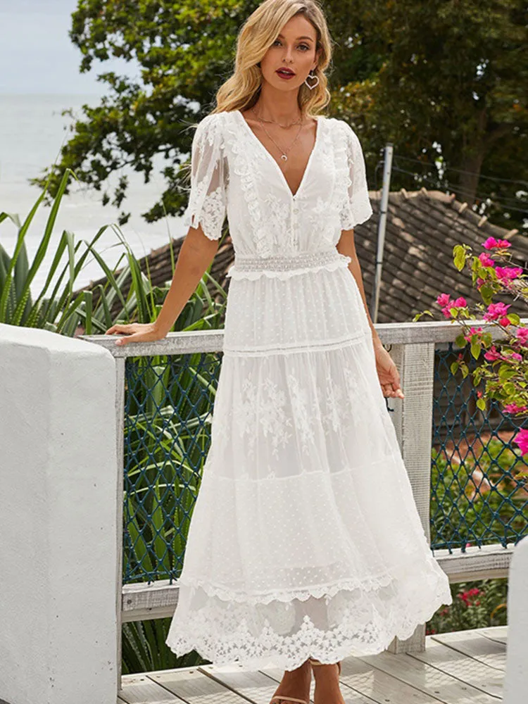 Cross Semi-Sheer Lace Maxi Dress