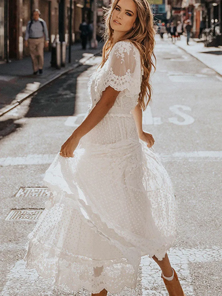 Cross Semi-Sheer Lace Maxi Dress