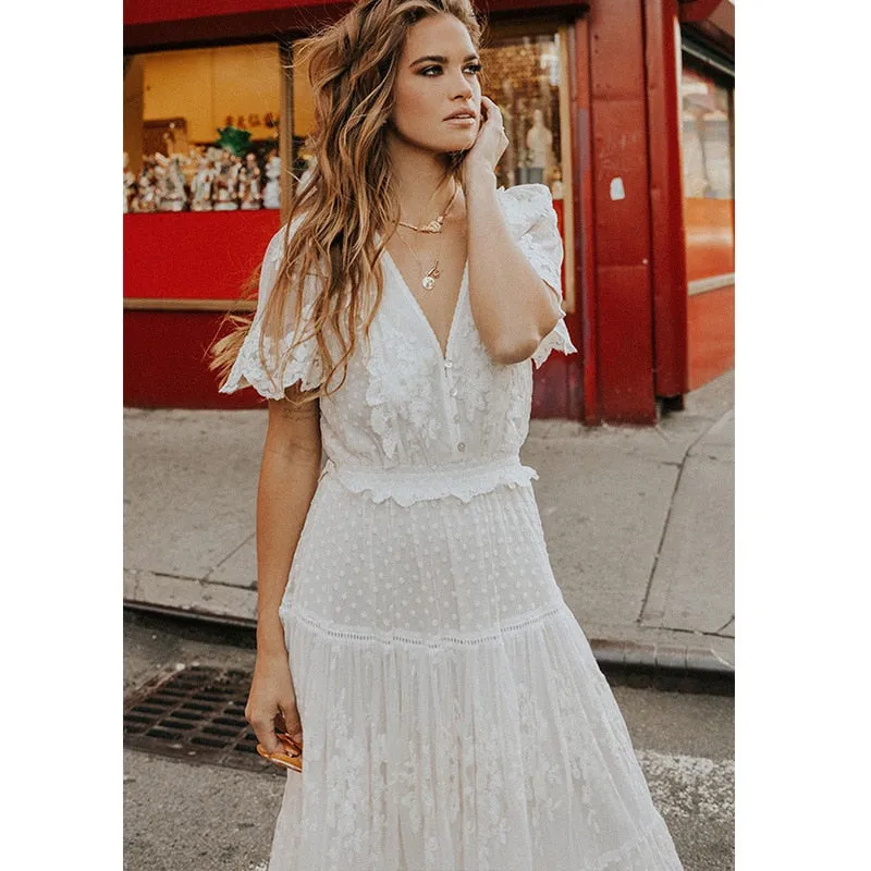 Cross Semi-Sheer Lace Maxi Dress