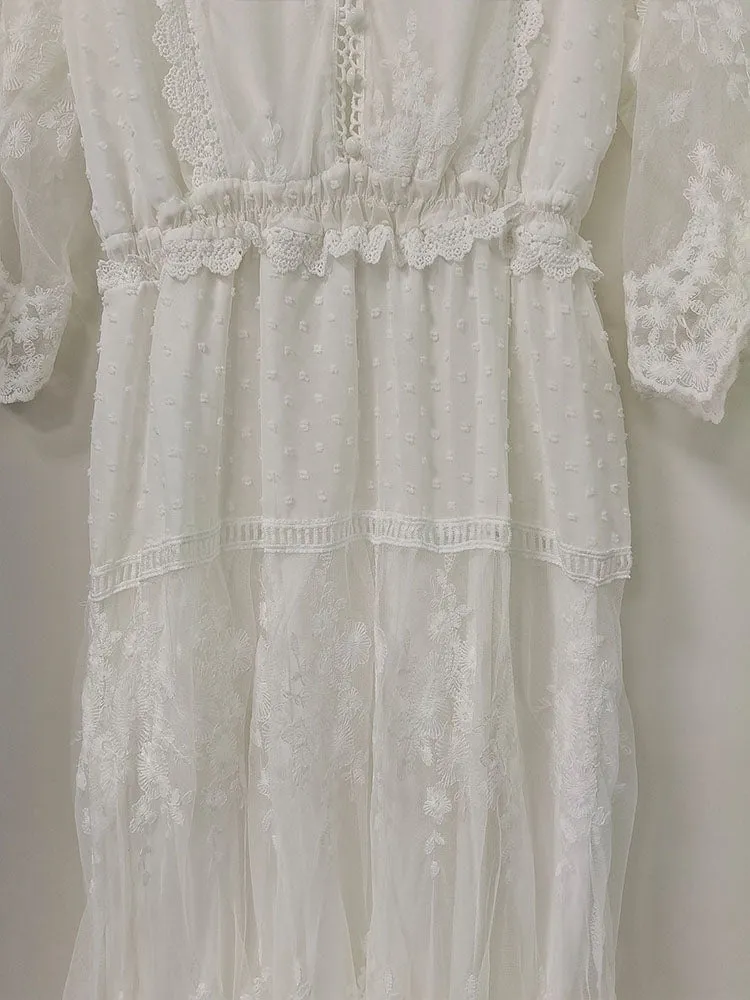 Cross Semi-Sheer Lace Maxi Dress