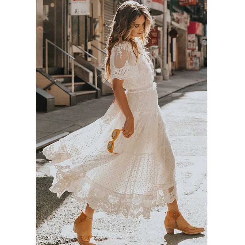 Cross Semi-Sheer Lace Maxi Dress