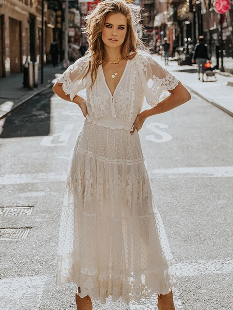 Cross Semi-Sheer Lace Maxi Dress