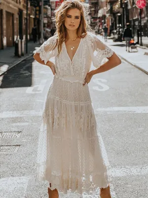 Cross Semi-Sheer Lace Maxi Dress