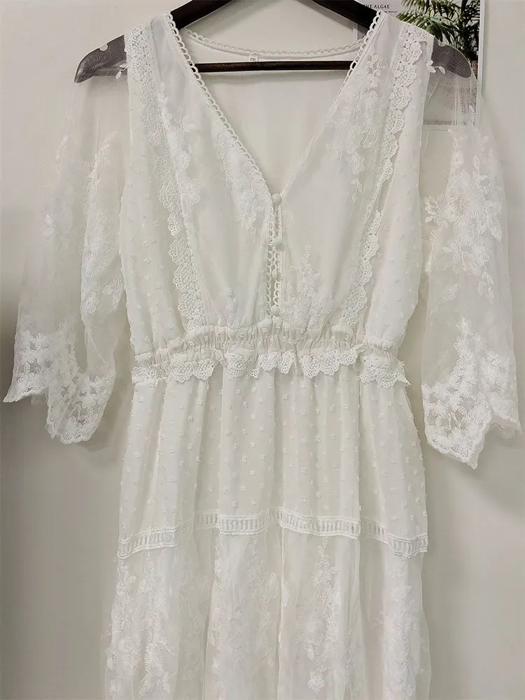 Cross Semi-Sheer Lace Maxi Dress
