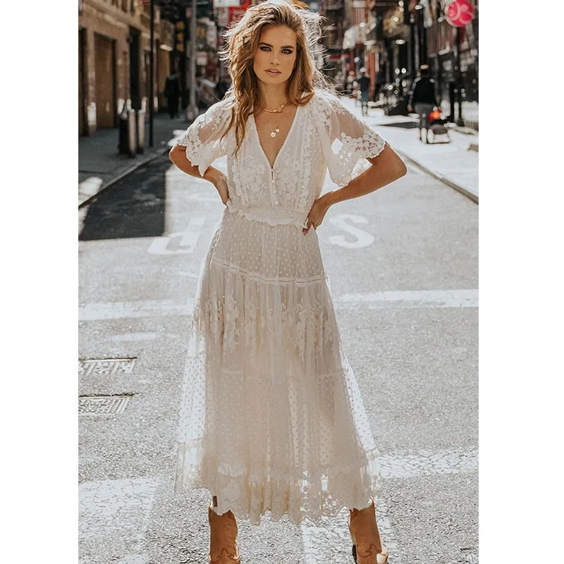 Cross Semi-Sheer Lace Maxi Dress