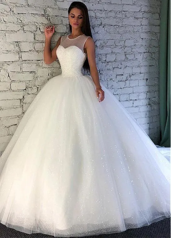 Crystals Ball Gown Illusion Neckline Bridal Dress with Sequin Tulle Skirt