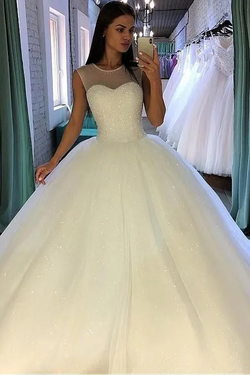 Crystals Ball Gown Illusion Neckline Bridal Dress with Sequin Tulle Skirt
