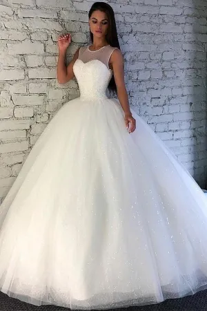 Crystals Ball Gown Illusion Neckline Bridal Dress with Sequin Tulle Skirt