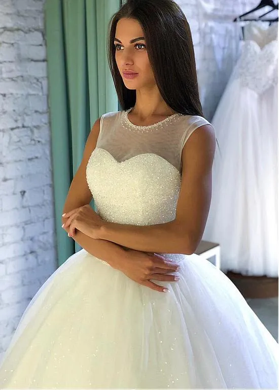 Crystals Ball Gown Illusion Neckline Bridal Dress with Sequin Tulle Skirt