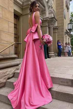 Cute Mermaid V Neck Satin Long Prom Dresses with Big Bow