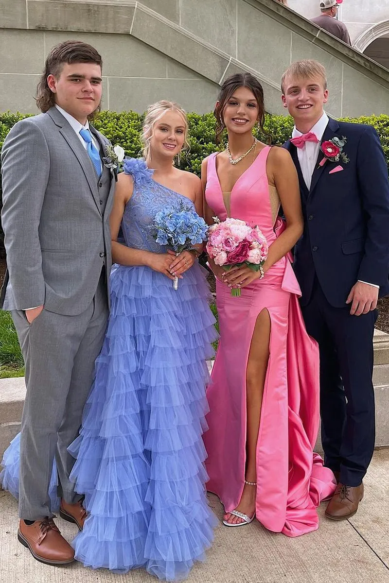 Cute Mermaid V Neck Satin Long Prom Dresses with Big Bow