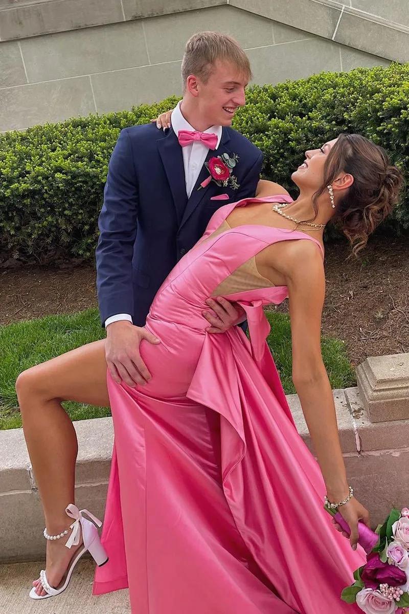 Cute Mermaid V Neck Satin Long Prom Dresses with Big Bow